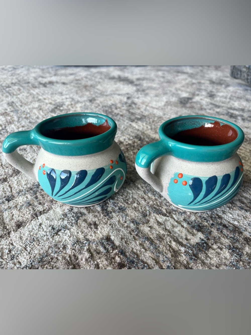 2 Mexican Clay Hand-Painted Coffee Mugs Set in Teal and Turquoise